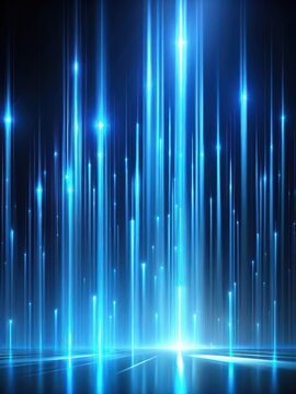 Vertical blue light streaks with abstract geometric patterns on a dark background