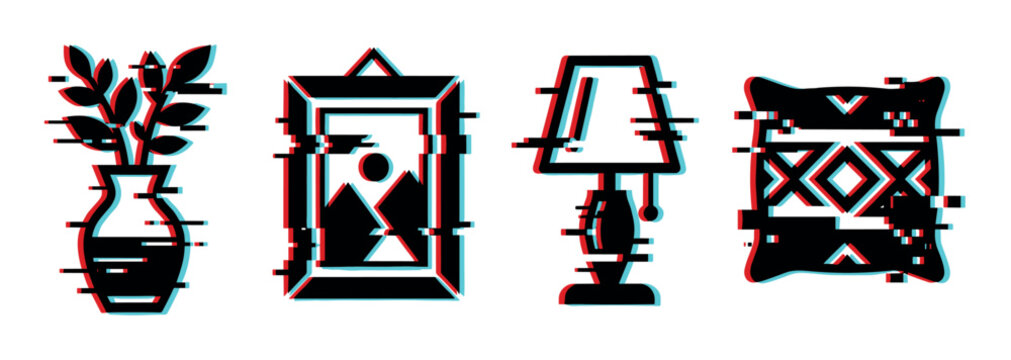 Set of glitch effect home decor icons including a potted plant, framed artwork, table lamp, and decorative cushion for modern design.