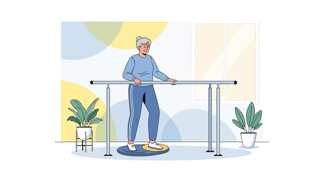 Senior woman practicing balance exercises on a wobble board with parallel bars for support