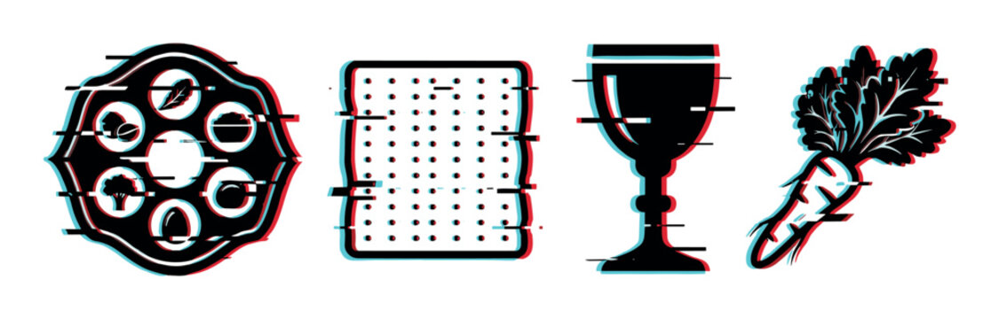 Seder plate, matzah, kiddush cup, and maror with a modern glitch effect, representing traditional Passover symbols.