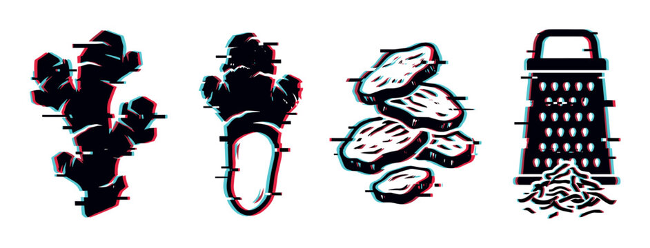 Glitch effect illustration of ginger root, sliced ginger, and a grater with grated ginger, depicting cooking ingredients.