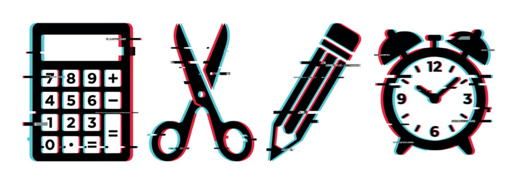 Calculator, scissors, pencil, alarm clock icons with modern digital glitch effect, representing education and office supplies.