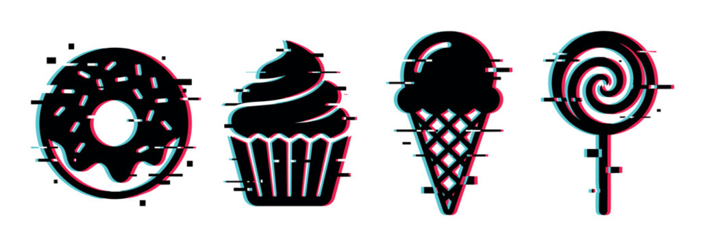 Glitch effect sweet treats icons including a donut, cupcake, ice cream cone, and lollipop with digital distortion.