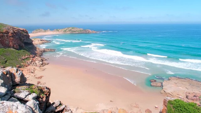 High angle view over scenic beach and Robberg Nature Reserve coastline, Plett