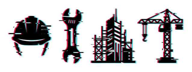 Obraz premium Construction tools and equipment icons with a modern digital glitch effect, representing building and engineering concepts.