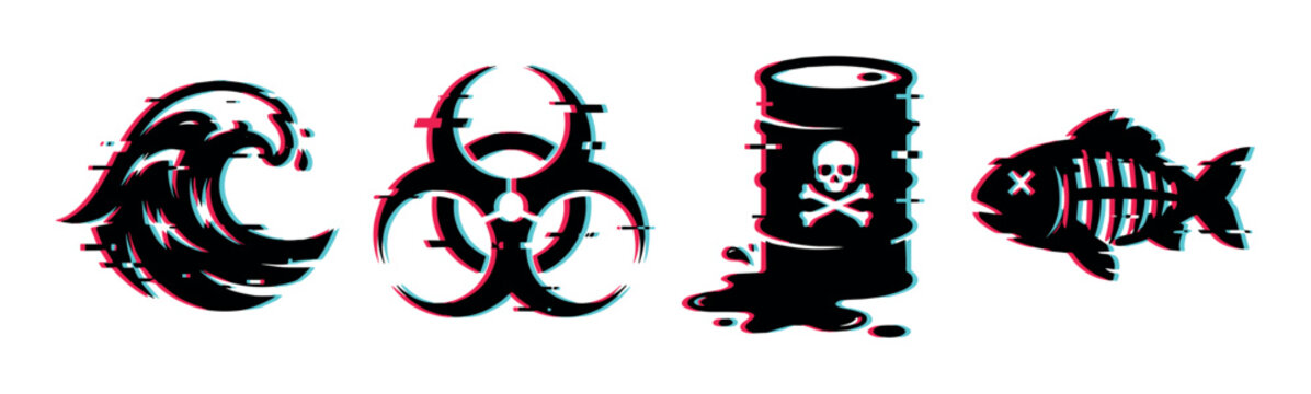 Environmental pollution warning symbols depicted with a modern digital glitch effect, illustrating various ecological threats and dangers.