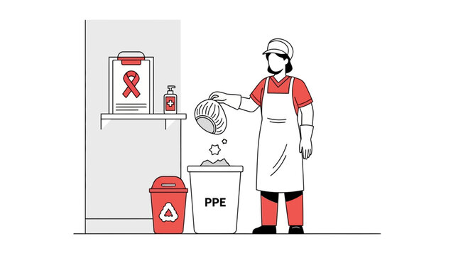 Worker Disposing of PPE Gear in Bin, Hygiene and Safety Concept