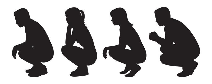 Minimalist silhouettes representing a group of people in squatting and crouching poses for social study projects