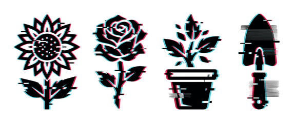Fototapeta premium Gardening icons with digital glitch effect featuring sunflower, rose, potted plant, and trowel for modern design projects.