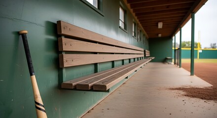 Fototapeta premium Baseball dugout with wooden bench and bat on green wall