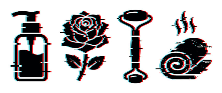 Beauty and spa icons with glitch effect, including a pump bottle, rose, facial roller, and hot towel, representing modern wellness.