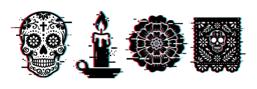 Decorated sugar skull, burning candle, marigold flower, and papel picado with a modern glitch effect for Day of the Dead celebration.