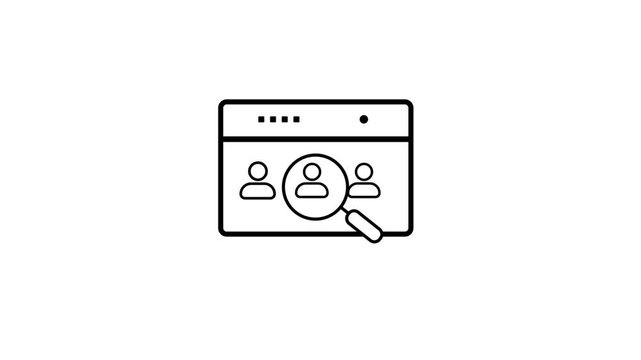 User search animation interface showing profile selection, magnifying glass, online browsing, digital identification, and people discovery within modern web platform