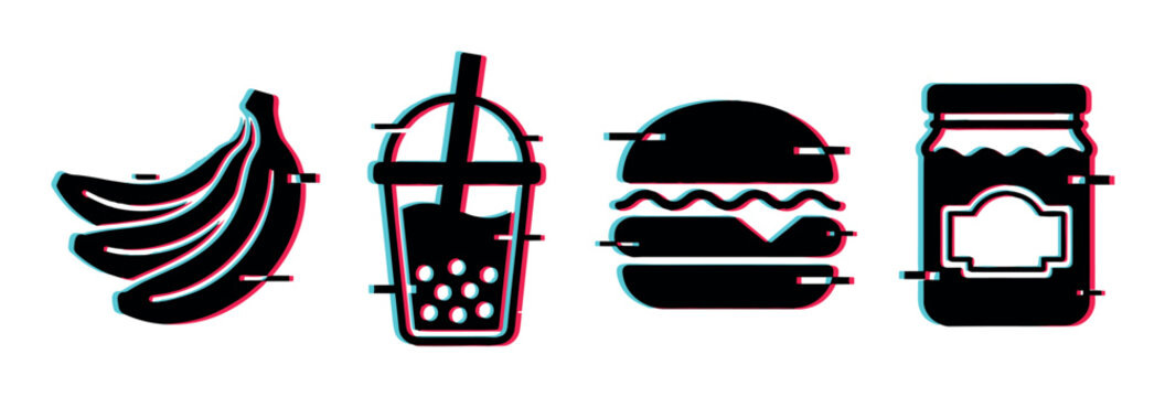 Glitch effect food icons featuring bananas, bubble tea, hamburger, and jam jar in a modern digital style.
