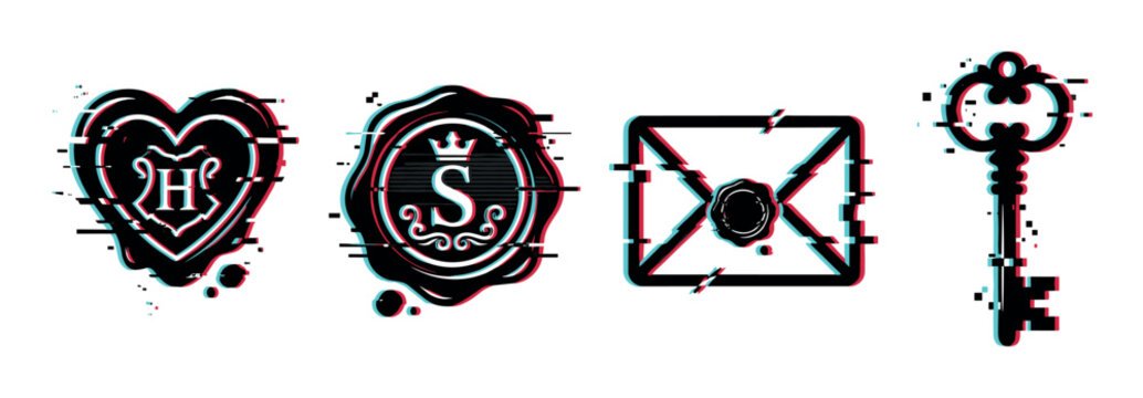 Glitch effect vintage wax seals, envelope, and skeleton key vector icons set with digital distortion and retro aesthetic.