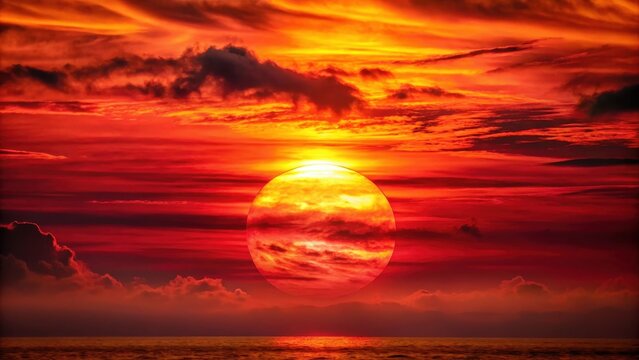 Fiery red sun sinks slowly into darkening sky with vibrant orange hues and deep pink undertones