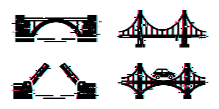 Collection of various bridge icons featuring a modern digital glitch effect, representing transportation, connectivity, and architectural design.