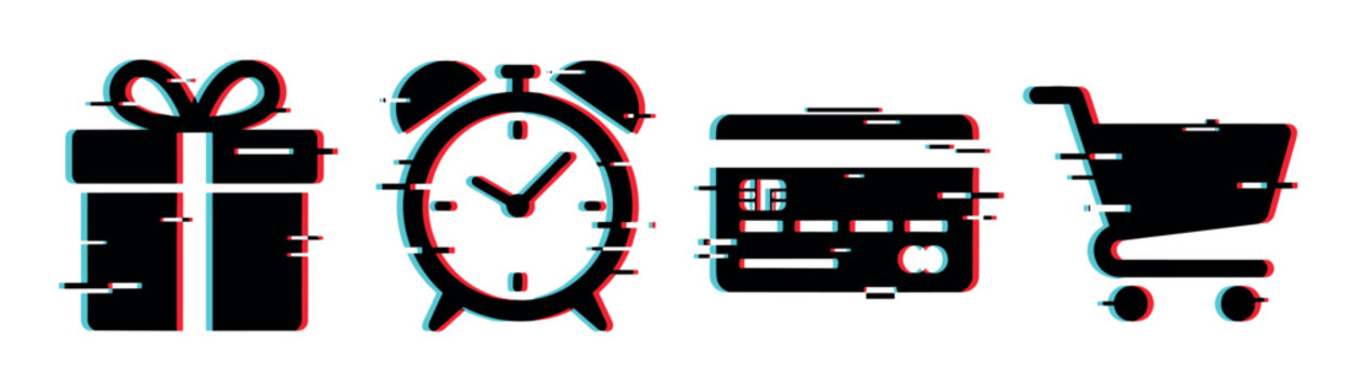 Glitched gift box, alarm clock, credit card, and shopping cart icons representing digital commerce and modern online shopping concepts with a cyber effect.