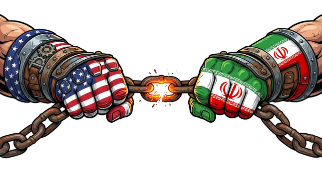 Hands with american and mexican flags breaking free from chains