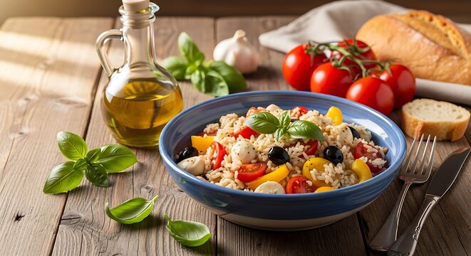 A refreshing mediterranean tuna salad bowl served with fresh tomatoes and basil on a wooden surface. riso insalata