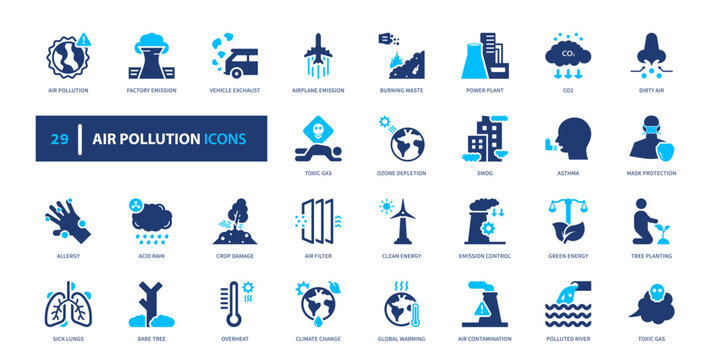 Air pollution icon set. environment, smog, emission, climate, ecology. solid style icon collection.