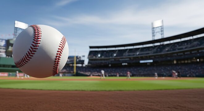A baseball flies through the air at a stadium with green field