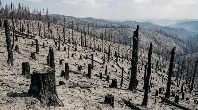 Burned forest landscape showing charred stumps after wildfire tragedy  