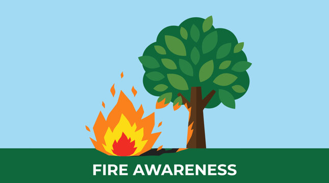 Fire awareness and prevention illustration with tree and flames.