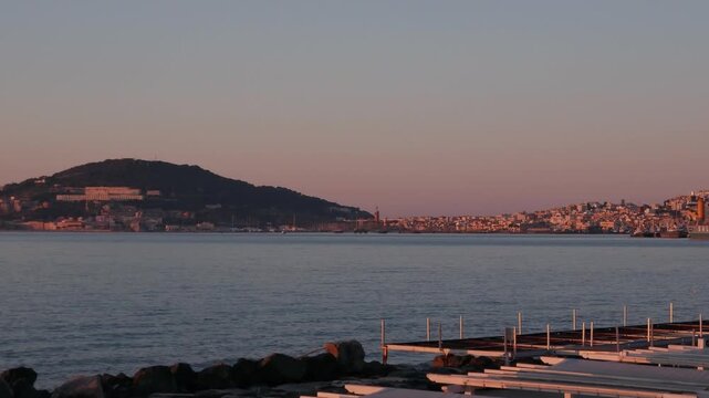 The harbor of Formia and the gulf of Gaeta at sunrise , coastline of Lazio region in the spring, Italy
