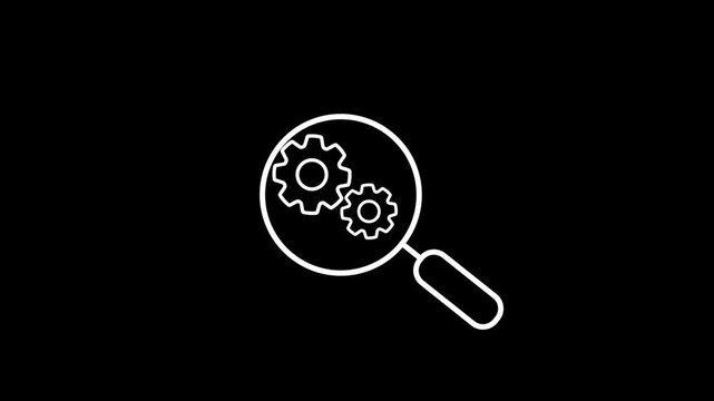 Magnifying glass gear icon animation representing system analysis troubleshooting search technology diagnostic process optimization digital inspection concept modern interface