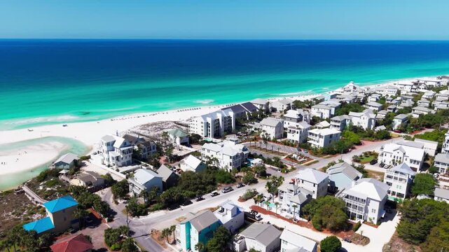 Coastal residential Ramsgate Beach area with modern houses beside blue Gulf of Mexico environment, Santa Rosa Beach, Florida, USA