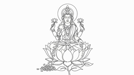 Obraz premium Intricate Line Drawing of a Serene Deity Sitting on a Lotus Flower with Blessing Hands and Lotus Lamps