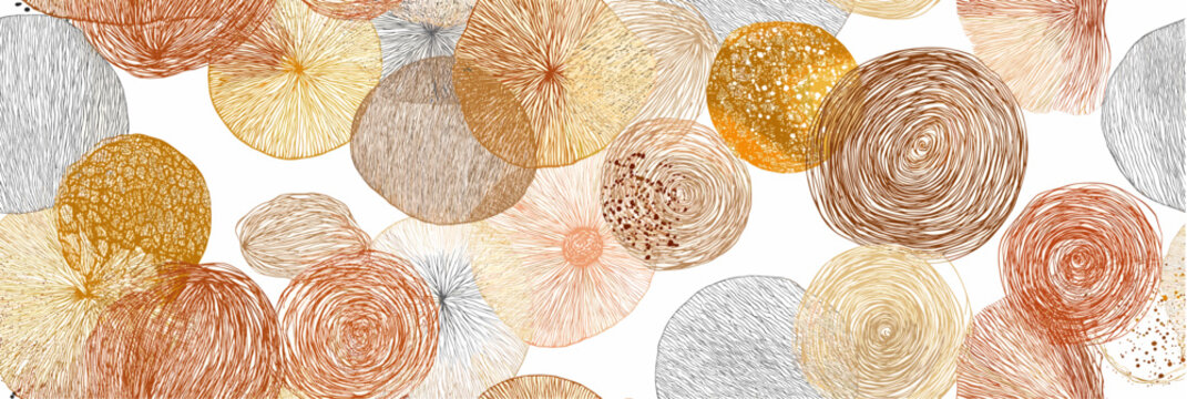 Seamless pattern of retro textured circles background. Abstract circles with hand-drawn line textures creating a modern organic seamless pattern