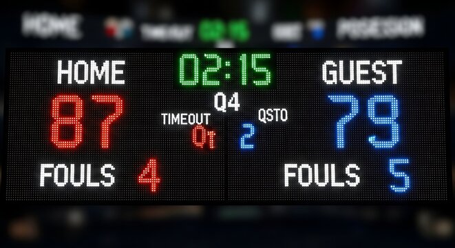 Basketball Game Scoreboard - Home 87, Guest 79, Q4, 02:15 Time Remaining