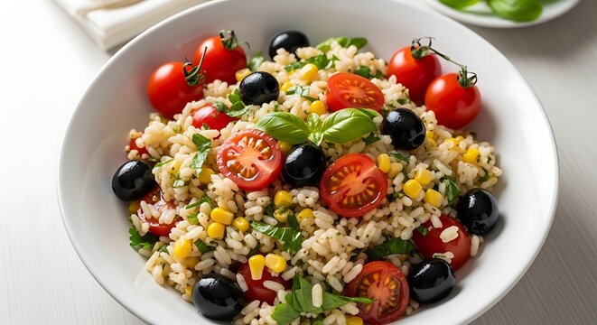 A fresh and vibrant mediterranean tuna salad served in a white bowl with tomatoes and black olives. riso insalata