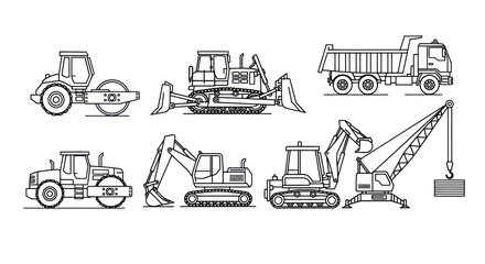 Construction Vehicles Line Art Set: Bulldozer, Crane, Roller, Excavator, Dump Truck © rofik