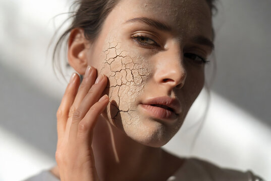 Subject: A woman with cracked, dry skin. Action: She is touching her face and appears to be suffering from dehydration or extreme dryness. Setting: An indoor, bright space with diffused light.