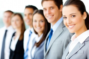 Fototapeta premium Portrait of diverse business professionals smiling together representing teamwork success leadership and modern corporate workplace