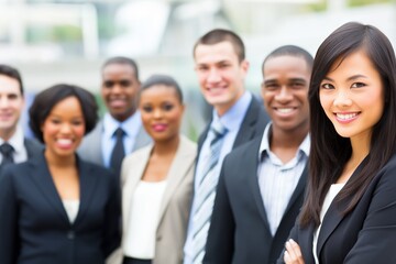 Fototapeta premium Portrait of diverse business professionals smiling together representing teamwork success and modern corporate workplace