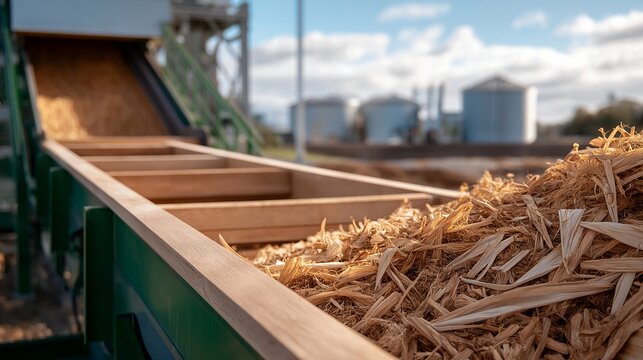 Agricultural biomass conveyor feeding dried corn stalks into industrial processing facility, renewable fuel production equipment converting organic waste into sustainable energy source, ideal for