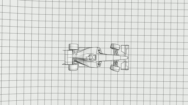 A top-down perspective 3D wireframe animation of a high-performance Formula racing car.