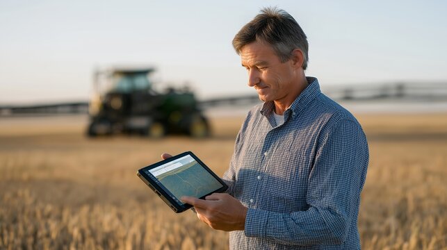Weathered farmer examines tablet displaying drone thermal maps of wheat fields at golden hour, precision agriculture sensors visible on irrigation equipment in background, ideal for agritech