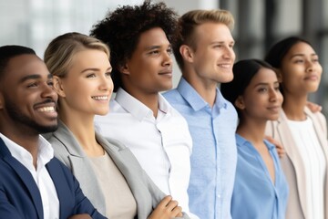 Naklejka premium Diverse group of young professionals smiling together representing teamwork success and modern inclusive workplace culture