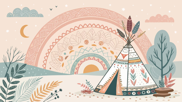 Boho tribal teepee illustration with rainbow, feathers, and floral elements in a whimsical landscape