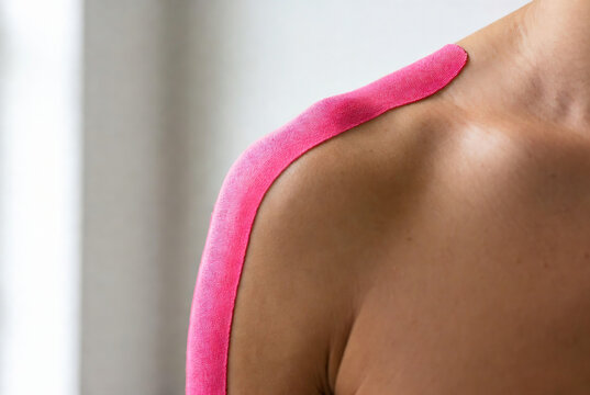 A person&rsquo;s shoulder is being taped with pink kinesiology tape. It appears to be a physiotherapy or athletic rehabilitation setting.