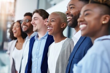 Naklejka premium Diverse group of professionals smiling together representing teamwork success leadership and inclusive workplace culture
