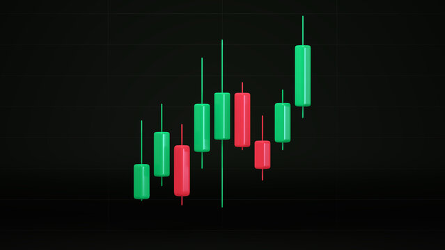 3D render of green and red candlestick bars depicting a gradual market uptrend on a sleek dark grid backdrop.