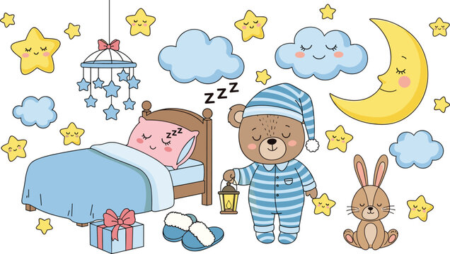 Cute nursery night scene with sleeping child teddy bear moon stars clouds and bedtime elements baby illustration vector set