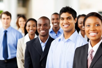 Fototapeta premium Diverse business professionals standing together smiling representing teamwork success leadership and modern corporate workplace