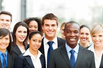 Fototapeta premium Diverse business professionals smiling together representing teamwork success leadership and modern corporate workplace